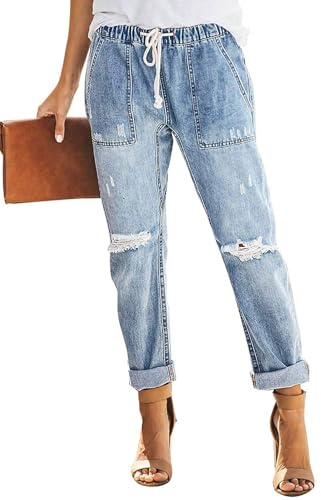 Alaster Queen Jeans Jeans Boyfriend da Donna Jeans a Vita Alta Allentati da Donna Blu Chiaro XL