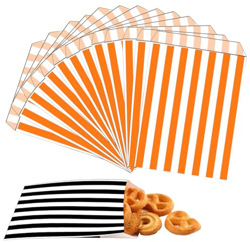 100 piezas Naranjas Rayas Bolsas Regalo Pequeñas Bolsas para Chuches,12.7cmx17.8cm Bolsa de Papel Kraft Embalaje Dulces y Galletas para Cumpleaños Infantil,Navidad,Halloween,Bodas,Fiesta