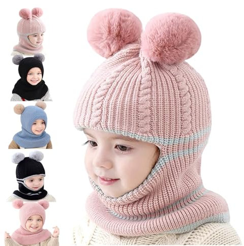 Siribelle Kinder Wintermütze Schals Ohrenklappe 3 in 1 Winter Strickmützen Mützen Jungen Mädchen Kleinkinder Beanie Warme Fleece-Mütze für Alter 1~5 Rosa2