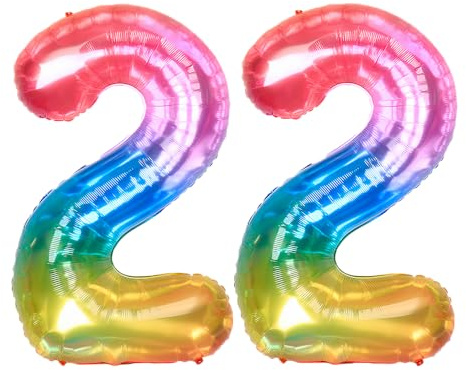 Ponmoo 40 inches Foil Balloons Numbers 22 Neon Rainbow (101cm), Inflatable Helium or Air, Giant Balloon Number 0-9, 10-29, 30-100, Grand Balloons for Anniversary Wedding Birthday Party Decoration