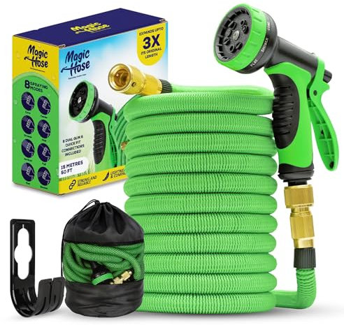 MAGIC HOSE Garden Hose Spray Gun - 10 Multi-Pattern Hose Pipe Spray Gun | Anti-Leak Nozzle for Garden Hoses | Pressure Washer Gun, Expandable Garden Hose, Hose Pipe Connector (50FT / 15 Meters)