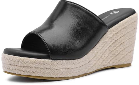 festooning Womens Wedge Platform Espadrille Slide Sandals Slip On Open Toe High Heels Casual Summer Shoes Black 7