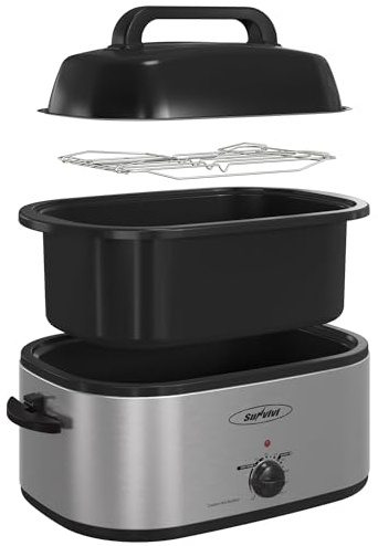 Sunvivi 28 Quart Electric Roaster Oven Turkey Roaster with Lid Electric Roasters with Removable Pan Large Roaster,Visible & Self-basting Lid, Fast Heating & Thaw/warming Setting,Silver