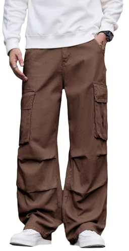 Zewool Mens Casual Wide Leg Denim Cargo Pants Mid Weight Baggy Jeans with Pockets Skater Y2k Hip Hop Streetwear Pantalon Relaxed Loose Fit 2000s Skateboard Hiking Travel,C10 Café cultivé,M