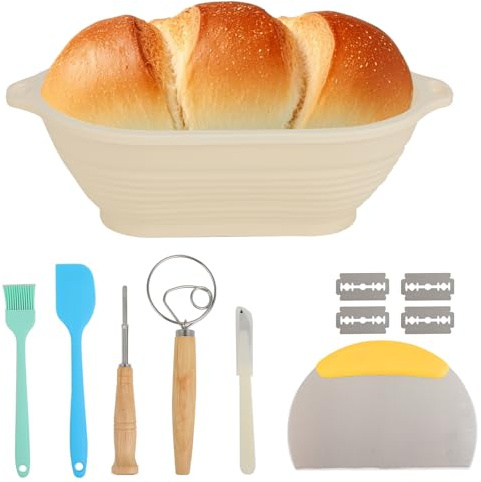 Banneton en Silicone - Set 7 Pièces pour Pain (Résistant à la Chaleur, Pliable) avec Banneton pour Pain Ovale, Raclette, Pinceau - Accessoires Four & Airfryer (beige)