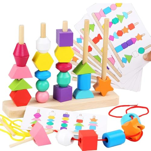Goujfol Juguetes Niños Madera, 2 en 1 Montessori Juegos Apilables Apilar y Enhebrar de Madera, Educativos GeoméTricas Colores Clasificar Bloques, Regalo para Bebés Niños 3 4 5 Años (Amarillo)