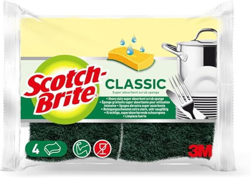 Scotch-Brite Estropajo Clásico de Cocina – Pack de 4 Esponjas Abrasivas con Alta Absorción – para Ollas, Sartenes y Limpieza Intensiva