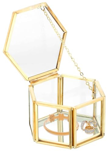 Boîte Bijoux Verre Doré Transparent, Boîte à Bijoux Hexagone en Verre, Boîte À Bijoux en Verre Transparent, Boîte à Bijoux Géométrique Doré, pour Colliers, Bagues, Bracelets, 3,15* 2,75 * 1,77 Pouces