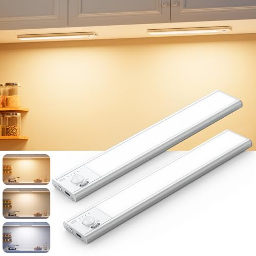 ONEWEST LED Under Cabinet Kitchen Lights, Dimmable Motion Sensor Lights Indoor, 3 Colors Under Cupboard Kitchen Lights, USB-C Rechargeable LED Strip Light for Wardrobe, Stairs, RV (22cm, 2 Pack)