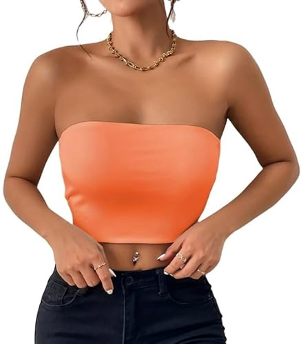 Sukiglam Tube Top Dam Axelbandslös T-shirt Sommar Bandeau Slim Fit Ärmlös Crop Toppar med Elastiskt Band Dubbla Lager Blus Basrör Y2K Skjorta Sexig Ingen Vadderad Bustier Estetiska Kläder, Orange, M