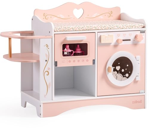 ROBUD Poste à Langer pour poupées en Bois, Table à Langer pour poupées 4-en-1 avec Machine à Laver et stérilisateur de Bouteilles, Accessoires pour poupées de Moins de 20, Cadeau pour Enfants Rose