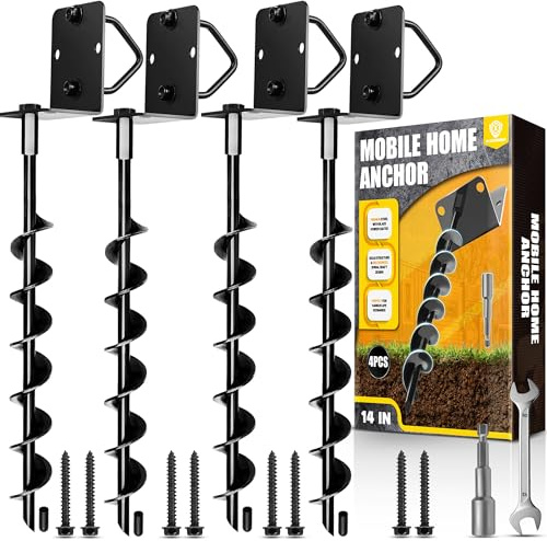 [UPGRADED] 14” Full Spiral Blade Mobile Home Anchor, 4 Pack Ground Anchor Screw in with L-shaped Brackets, U-bolts, Power Nut Driver, Earth Anchors High Wind Heavy Duty for Camping Tents, Swing Sets