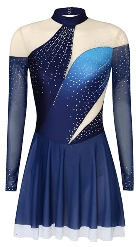 Oyolan Vestito da donna Pattinaggio Artistico Danza Body Manica Lunga Strass Vestito Danza sul Ghiaccio Body Ginnastica Colore Gradiente, Blu marino, S