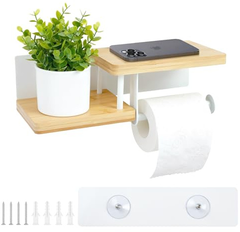 DTLLCZP Porte-Rouleau de Papier Toilette en Bambou avec étagère | Adhésif ou à Visser | Blanc pour Salle de Bain, Cuisine & Toilettes | 30×12×8 cm