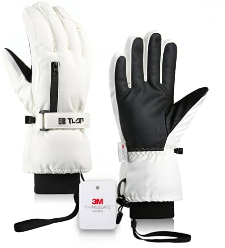 EOAMGO Gants de ski pour homme et femme, gants thermiques d'hiver pour écran tactile, gants Thinsulate pour homme, gants de ski imperméables, gants d'hiver pour vélo, moto, snowboard (blanc, M)