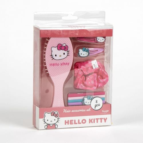 Hello Kitty Set d'accessoires pour cheveux pour filles - Comprend une brosse avec motif Sanrio - Clips avec personnage - Jarretières élastiques - Scrunchie rose - Cadeau idéal