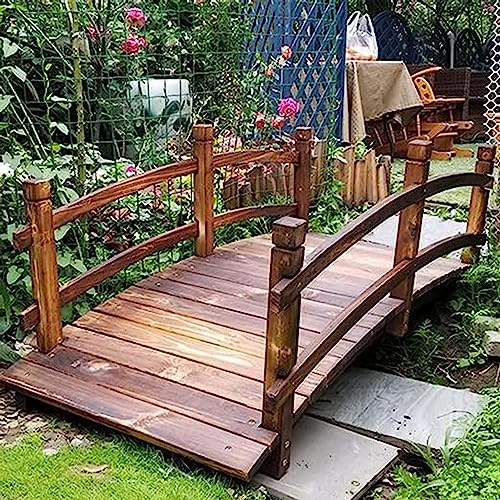 Puente de madera para decoración de jardín, puente de arco clásico con rieles de seguridad para patio, acabado teñido