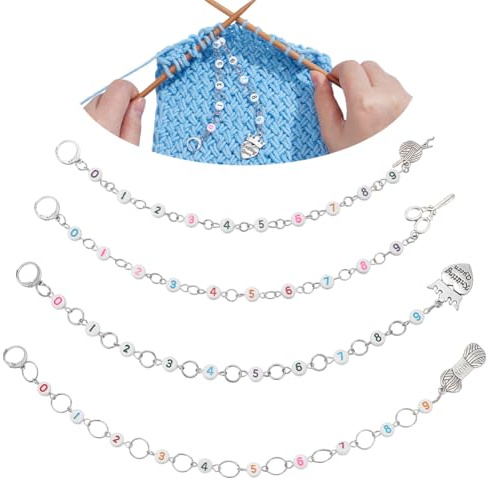 NBEADS 4 Pcs Knit-Themed Knitting Row Counter Chains, 0-9 Number Beads Row Counter Chains Accessories with Iron Linking Ring for Sewing Knitting Crochet Tracking Project Progress