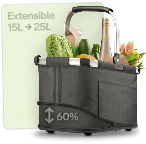 Praknu Hopfällbar Shoppingkorg Liten – 2 i 1 Utbyggbar från 15L till 25L – Tvättbart Tyg – Stabil med Aluminiumram & Förstärkt Botten – Extra Fickor invändigt & utvändigt – Svart