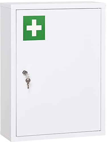 kleankin Botiquín de Pared de Acero de Primeros Auxilios Botiquín para Medicinas de 3 Niveles Armario de Baño con Cerradura y 2 Llaves para Cocina 40x15x53,5 cm Blanco