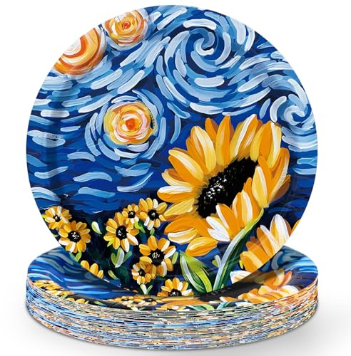 Whaline 40 Pcs Starry Night Sunflower Paper Plates 9 Inch Disposable Plates Van Gogh Floral Party Tableware for Summer Birthday Holiday Table Decor Supplies