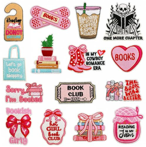 Dermalyx 15 pièces Patchs livres roses, patchs à repasser brodés thème de la lecture, patchs thermocollants pour vêtements DIY déco