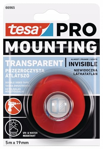 tesa® Cinta adhesiva de doble cara Craft, 5 m x 19 mm, adhesivo permanente despegable, transparente, para trabajos de montaje en interiores y exteriores, sin taladrar, extrafuerte, 04965-00016-05
