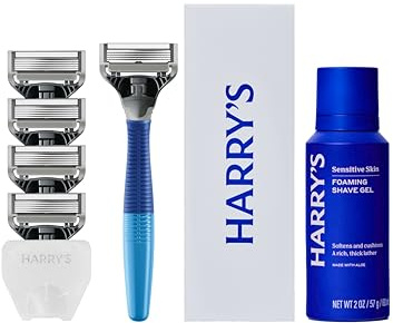 Harry's Original Shaving Kit for Men - Razor Handle, 5 Razor Blade Refills, Foaming Shave Gel, and Travel Blade Cover - TSA Approved Travel Essentials - German Engineered - Ocean Blue