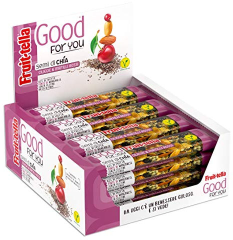 Fruittella Good For You Ciliegie e Mirtilli Rossi, Barrette, Healthy Snack, con Mandorle e Semi di Chia, con Frutta Secca e Disidratata, Confezione da 16 Barrette