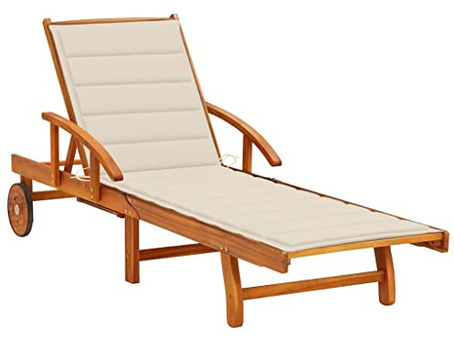 vidaXL Adjustable Outdoor Sun Lounger with Cushion Solid Acacia Wood Cream Multi Position Backrest Easy Mobility Wheels Ideal for Relaxation 78.7in Long Wooden Garden Bed Lounge Chair