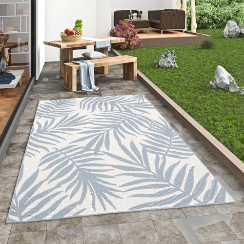 Pergamon In & Outdoor Flachgewebe Sisaloptik Natur, Terrasse und Balkon Teppich Marbella Blau Creme Blätter in 5 Größen
