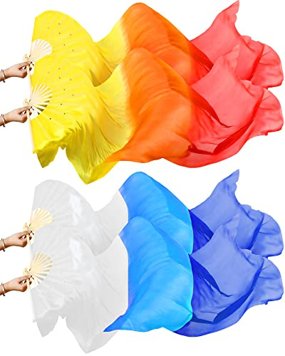 Qunclay 2 Pairs Silk Veil Fan for Belly Dance Yellow Orange Red