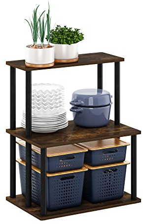 Furinno TURN-N-TUBE Coffee Bar, 3-Tier Bakers Rack, Kitchen Shelves, for Pantry Organizers and Storage, Kitchen Organization, Amber Pine