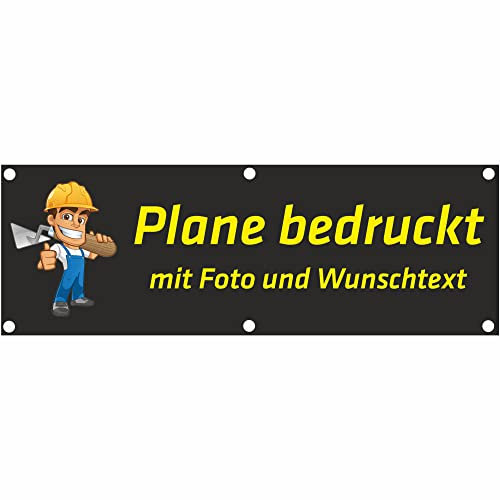 Indigos UG - Banner selbst gestalten - Plane Wasserdicht Gerüstplane - 150x50 cm - mit Wunschtext & Foto - für Baustelle, Garten, Zaun, Konzert, Gerüst - Saum - Ösen - bedruckt