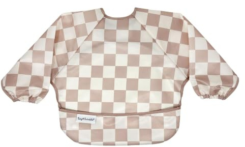 Tiny Twinkle Schmutzfestes Baby-Lätzchen – Leichtes Kleinkind-Lätzchen – Lätzchen für Babygeführtes Abstillen, Pflegeleicht & Maschinenwaschbar mit Ärmeln (Kariert Braun, Klein 6–24 Monate)