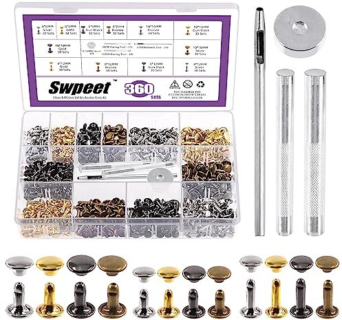Swpeet 360 Sets 4 couleurs 8mm 10mm 12mm Rivets en cuir Rivets à Double capuchon et marteau en caoutchouc avec Kit d’assortiment d’outils de fixation 4Pcs, Rivets en cuir pour le bricolage en cuir