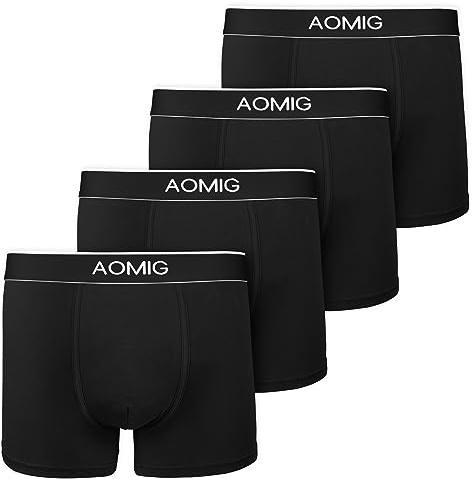 Aomig Boxer Homme Calecon Shorty, Lot de 4 Caleçon Homme avec Ceinture Élastique, Classique Couleurs 95% Coton sous-vêtement Trunk Caleçons Respirants et Doux à Porter au Quotidien(Noir-L)