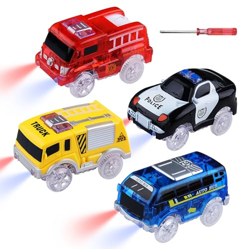 Pack de 4 coches de juguete Tracks Cars Magic Autos brillan en la oscuridad para niños de 3 a 8 años, coche de policía, autobús, camiones de bomberos, camiones con 5 luces LED, repuesto de juguete