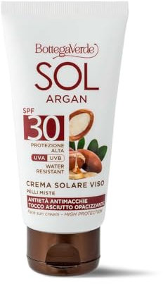 Bottega Verde - SOL Argan, Crema Solare Viso, 50 ml, SPF 30, Antietà e Antimacchie, Protezione Alta, Arricchita con Olio di Argan e Vitamina E, Opacizzante, Formula Vegana, per Pelli Miste e Grasse