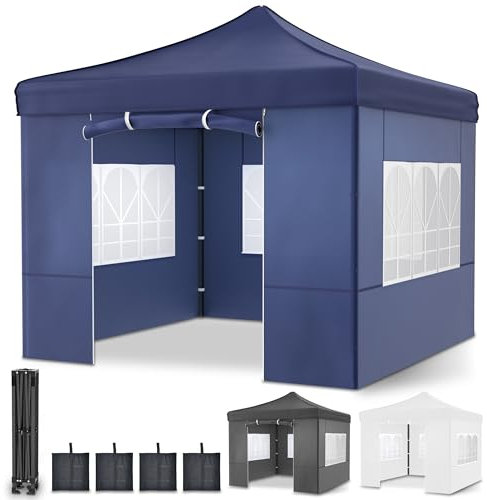 ONBEST Faltpavillon – 3x3m – Großer Eingang - Wasserdicht – Pop up Gestell – Seitenwänden mit 3x3 Fenstern – Zusätzlich mit Tasche – Faltbarer Outdoor Pavillon (Blau)
