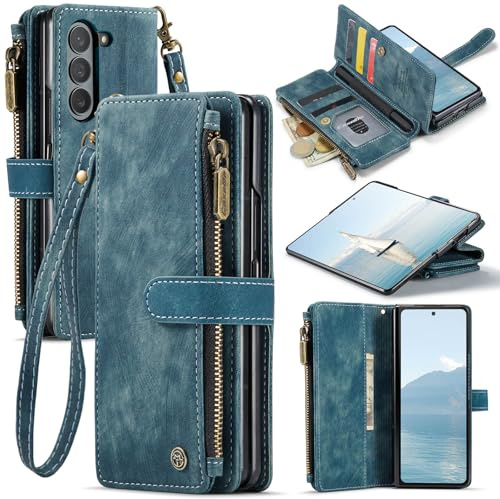 UEEBAI Wallet Case for Samsung Galaxy Z Fold 6 5G, Premium Handmade PU Leather Phone Case Card Slots Magnetic Closure Zipper Pocket Kickstand Flip Case with Hand Strap - Blue