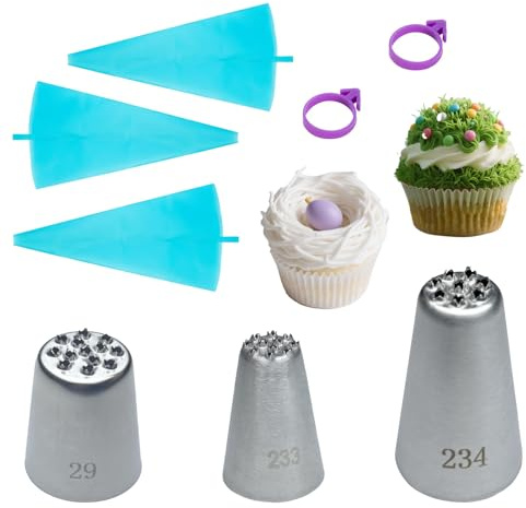 QQdou Piping Bags and Nozzles, 3 Grass Icing Tips, 3 Reusable Icing Piping Bag, 2 Bag Ties, for Cake Cupcake Dessert Cookies Decoration(C)