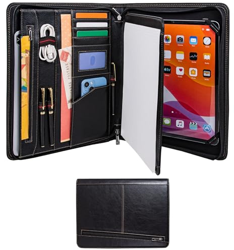 Calfinder Schreibmappe A4, PU Kunstleder, Konferenzmappe a4, A4 Dokumentenmappe mit Klemmbrett, Aktenmappe, Arbeitsmappe mit Reißverschluss, Klemmbrett, Ordner Meeting, Mappe für Schule - Schwarz