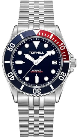 TOPHILL Men's Diving Watches 40mm Japan NH35 Movement 30ATM Sapphire Crystal C3 Luminous Calendar Automatic Men Mechanical Wristwatches TD007G (RedBlue-ST)