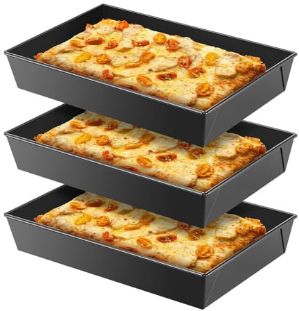 TOBEOME Pre-Seasoned Detroit Style Pizza Pan Set, 3 Non-Stick Hard Rectangular Sicilian Bakeware Pans