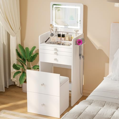 VOWNER 3-in-1 Vanity Desk with Flip Top LED Light Mirror and Glass Desktop, Small Makeup Vanity with 3 Drawers, Compact Dressing Table with Stool for Bedroom, 19 L