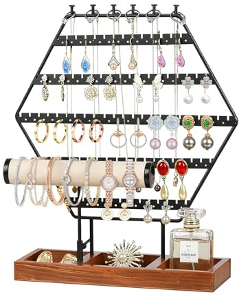 VirtuGro Porte Bijoux Presentoir Bijoux en Metal et Socle en Bois Porte Boucle D'oreille à 12 Crochets Présentoir Boucles D'oreilles à 88 Trous peut Accueillir Colliers Bagues Bracelets Boucles Noir