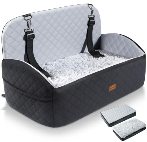Gimars Reversibile Seggiolino Auto Per Cani conPeluche Lungo/Corto Cuscino sedile Per Cani Piccoli/Medi Fino A 27kg, Sfoderabile Lavabile Trasportino Per Cani Auto Con 13cm 28D Egg-Crate Schiuma, L