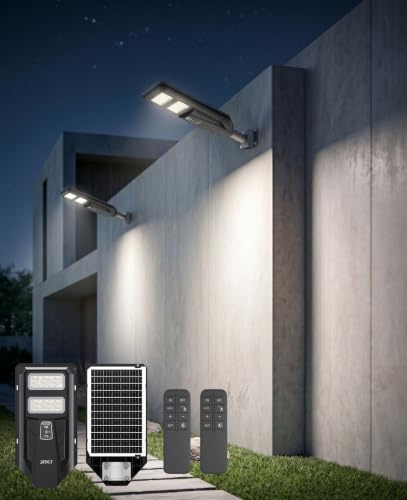 JAYNLT Lampione Solare LED Esterno, 3000K/4000K/6500K Faretto Led da Esterno con Sensore di Movimento, IP67 Impermeabile Faro Solare per Giardino Cortile Garage (2 Pezzi)