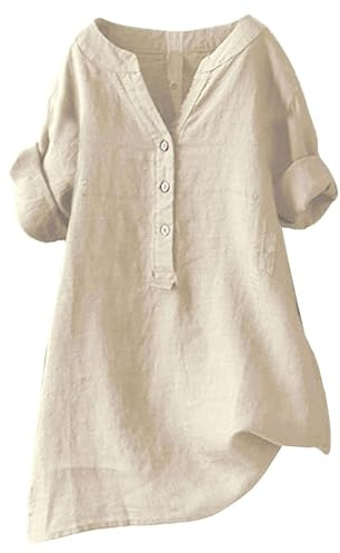 Tunika i linne för damer, modern oversize-blus i stora storlekar, långärmad sommarblus med V-ringning och elegant vintage-look, festlig topp, Beige, L